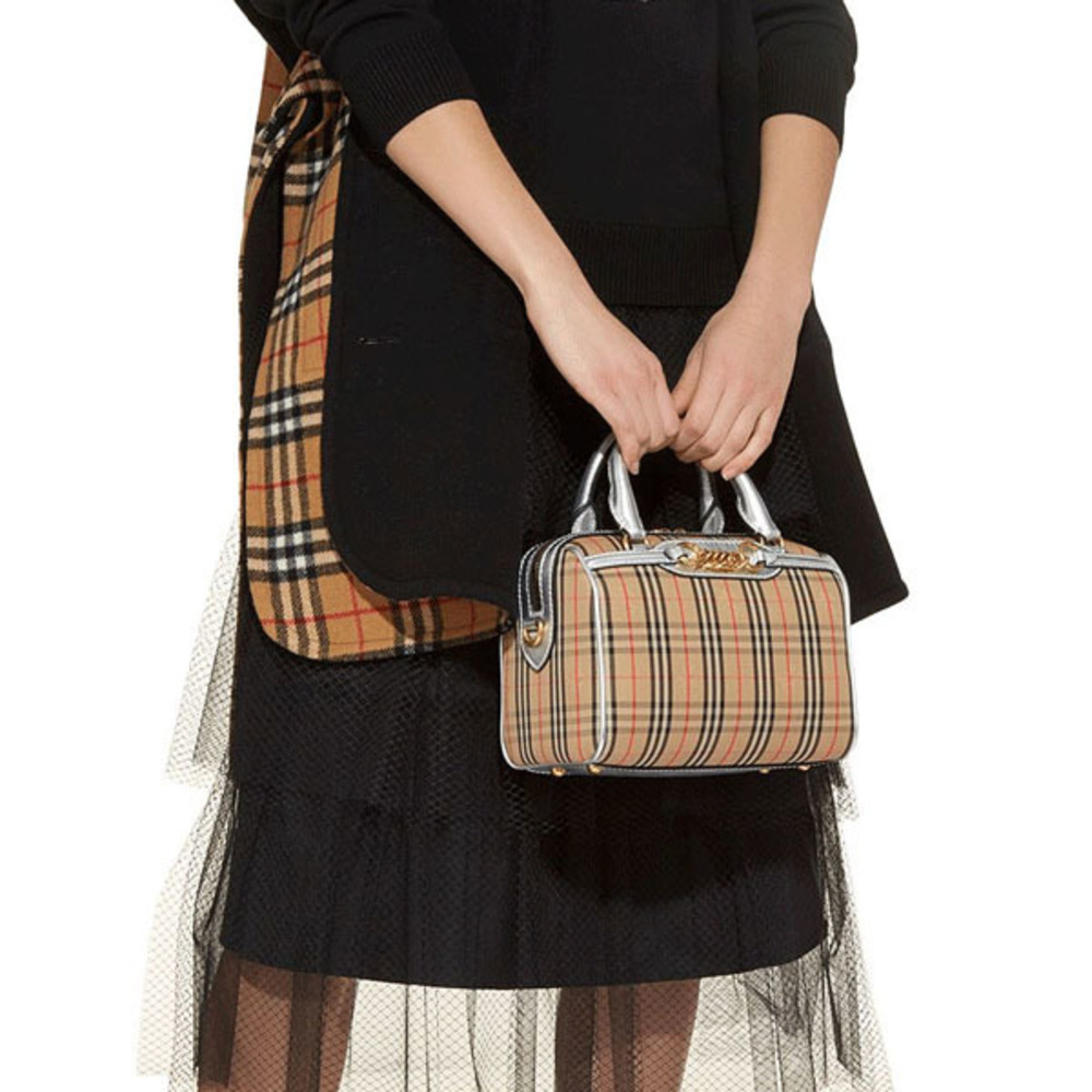 Burberry Outlet Handbag Pattern Plaid Leather Grey